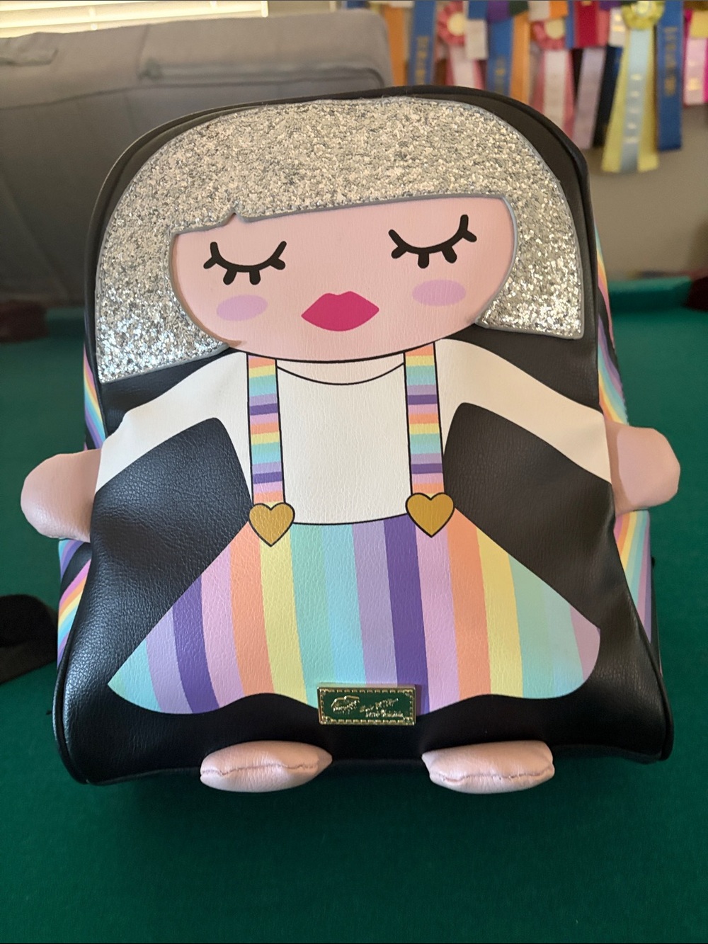Girls' Rainbow Doll Backpack - Black with Pastel Stripes